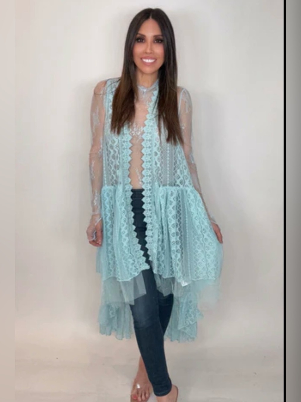 NWT Origami Apparel Mint Green Lace High-Low Duster Vest